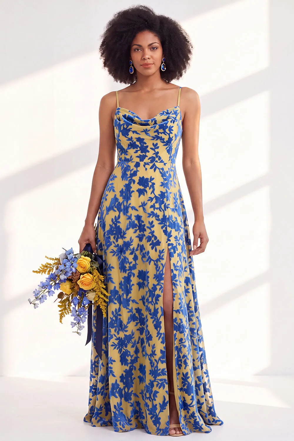 Green A-Line Cowl Floral Velvet Maxi Dress with Slit sold by Zapaka product image thumbnail 5
