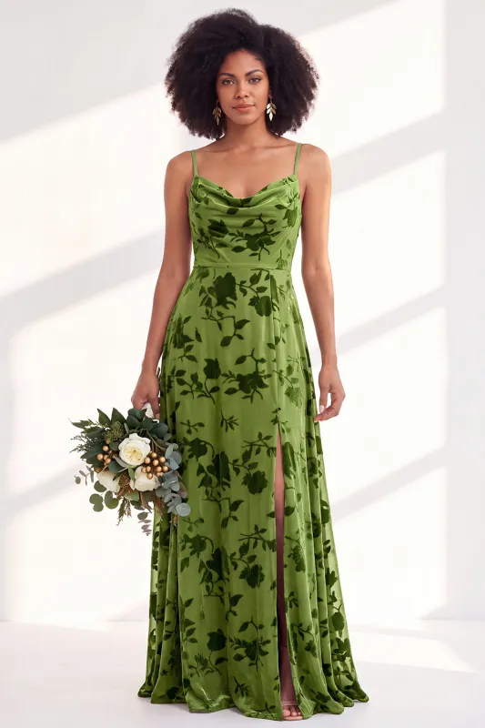 Green A-Line Cowl Floral Velvet Maxi Dress with Slit made by Zapaka