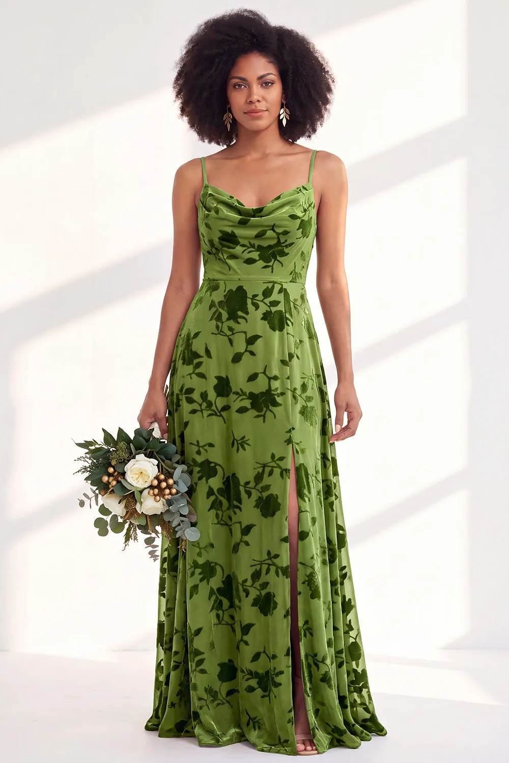 Green A-Line Cowl Floral Velvet Maxi Dress with Slit sold by Zapaka