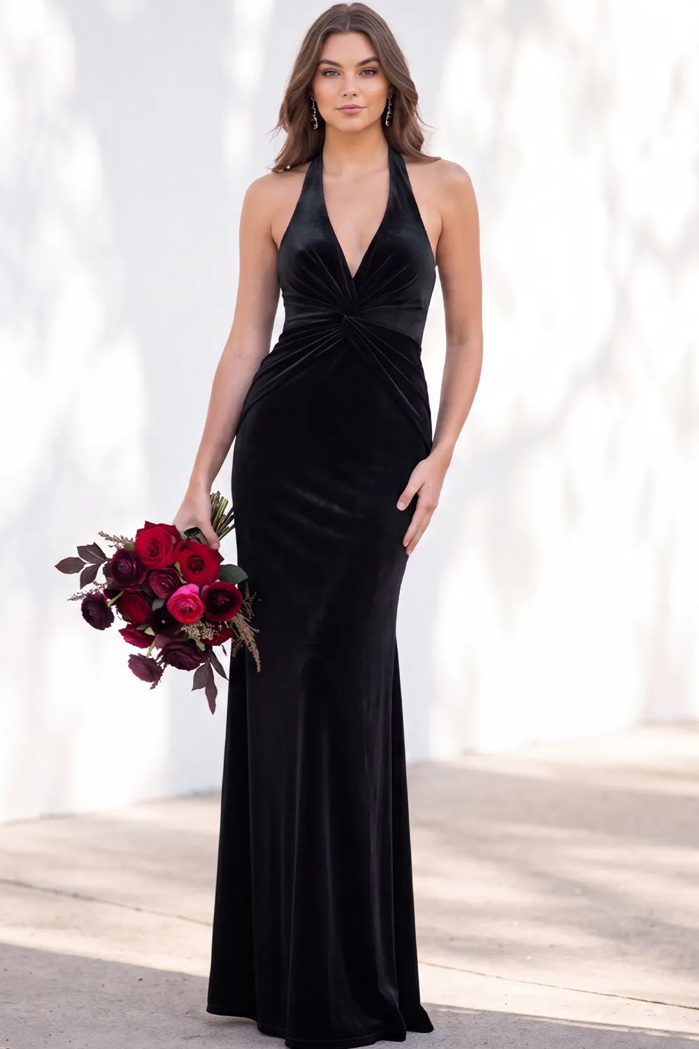 Burgundy Velvet Mermaid Halter Neck Backless Long Bridesmaid Dress sold by Zapaka product image thumbnail 3