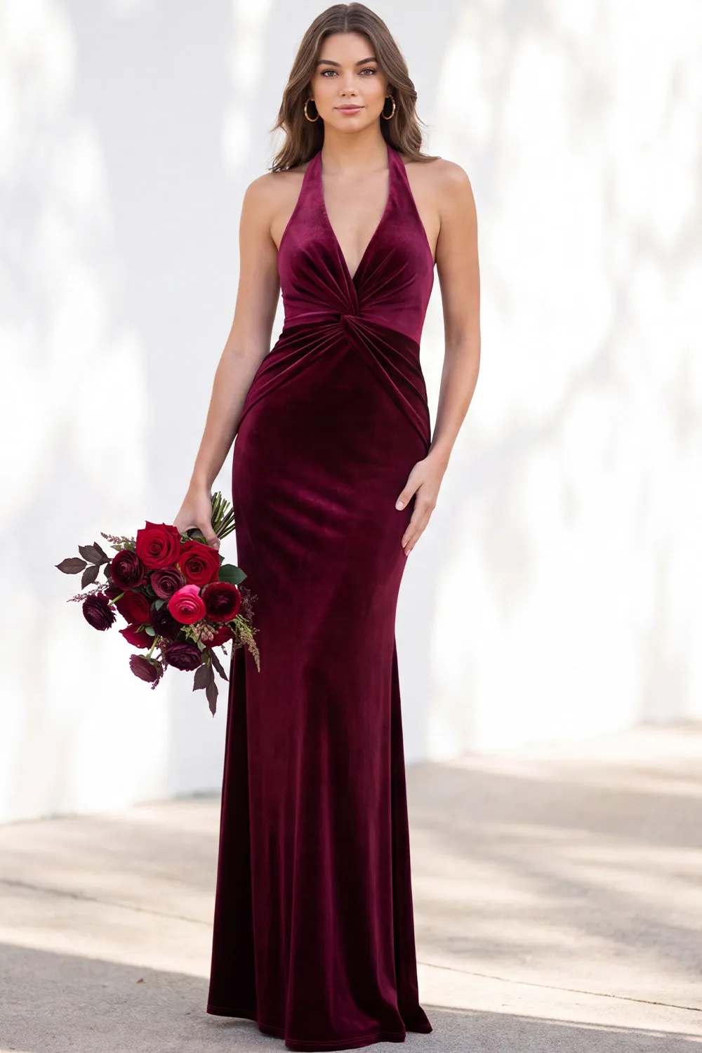 Burgundy Velvet Mermaid Halter Neck Backless Long Bridesmaid Dress sold by Zapaka