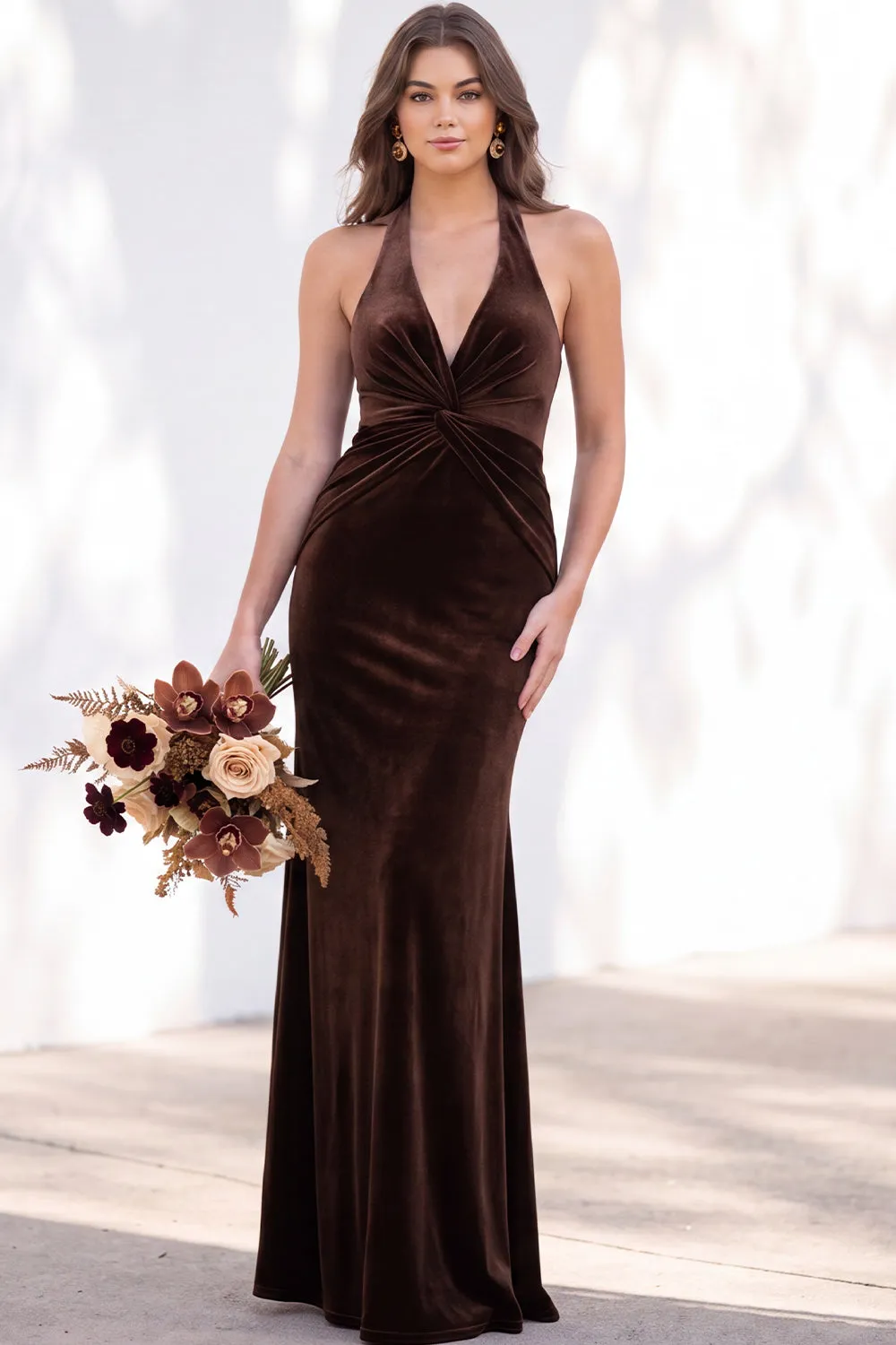 Burgundy Velvet Mermaid Halter Neck Backless Long Bridesmaid Dress sold by Zapaka product image thumbnail 5