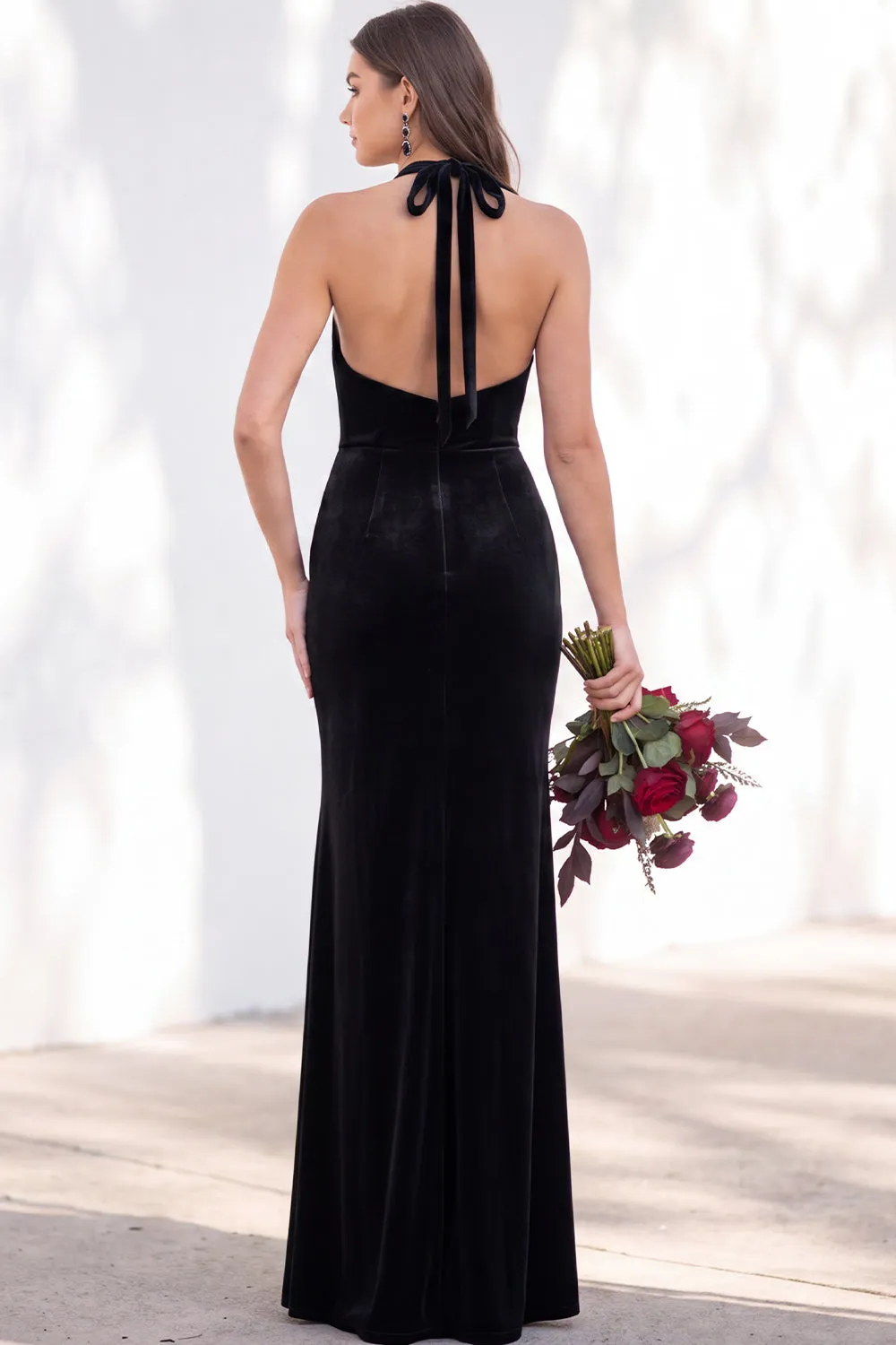 Burgundy Velvet Mermaid Halter Neck Backless Long Bridesmaid Dress sold by Zapaka product image thumbnail 4