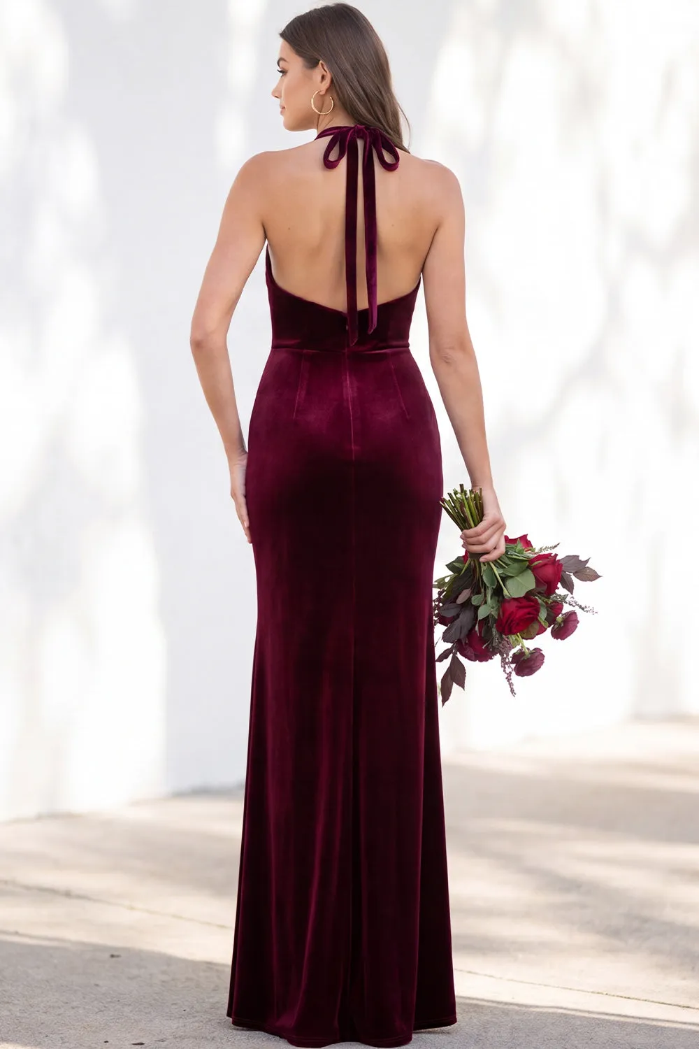 Burgundy Velvet Mermaid Halter Neck Backless Long Bridesmaid Dress sold by Zapaka product image thumbnail 2