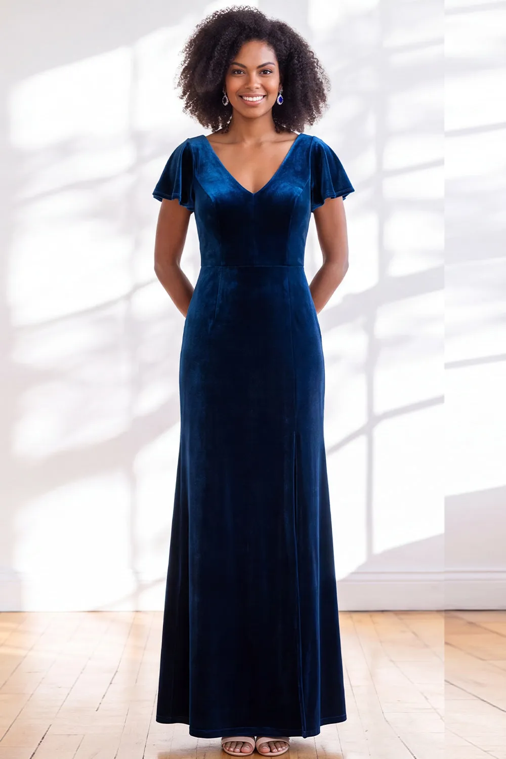 Navy Flutter Sleeves Velvet Sheath Long Bridesmaid Dress sold by Zapaka product image thumbnail 3