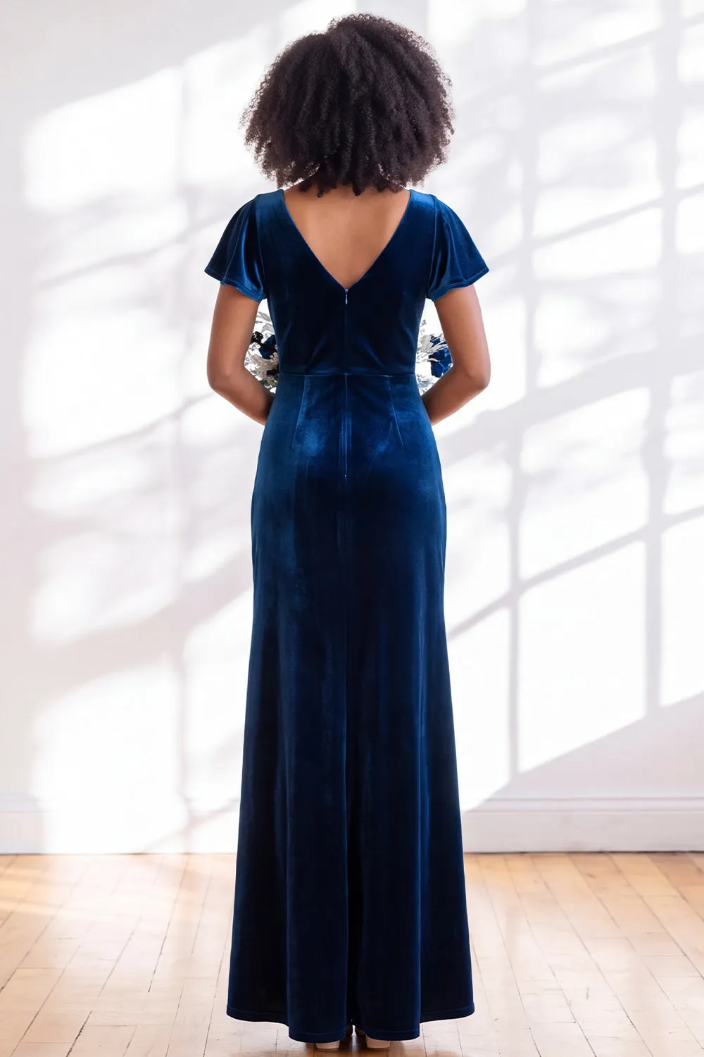 Navy Flutter Sleeves Velvet Sheath Long Bridesmaid Dress sold by Zapaka product image thumbnail 2