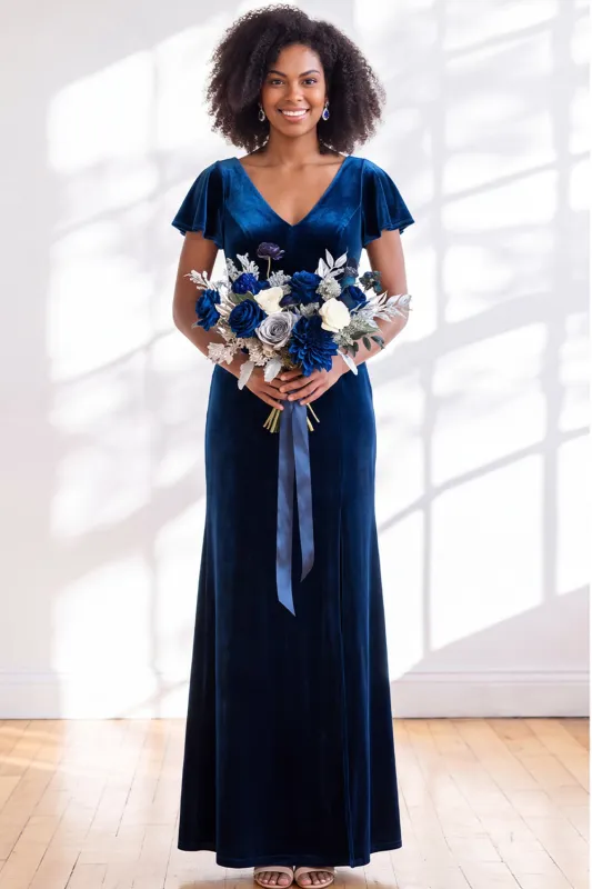 Navy Flutter Sleeves Velvet Sheath Long Bridesmaid Dress made by Zapaka