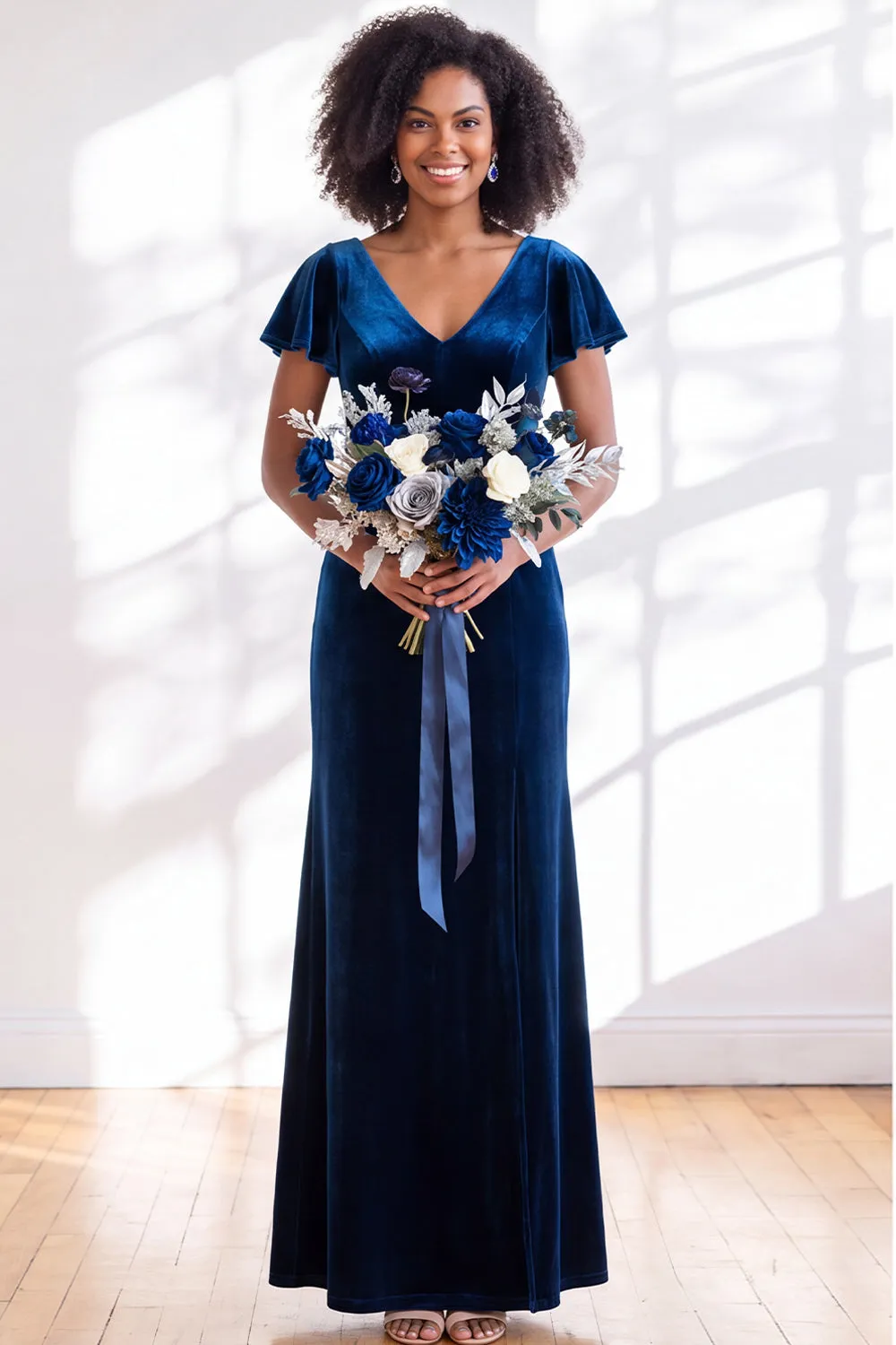 Navy Flutter Sleeves Velvet Sheath Long Bridesmaid Dress sold by Zapaka