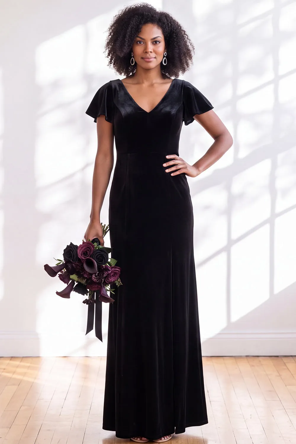 Navy Flutter Sleeves Velvet Sheath Long Bridesmaid Dress sold by Zapaka product image thumbnail 4