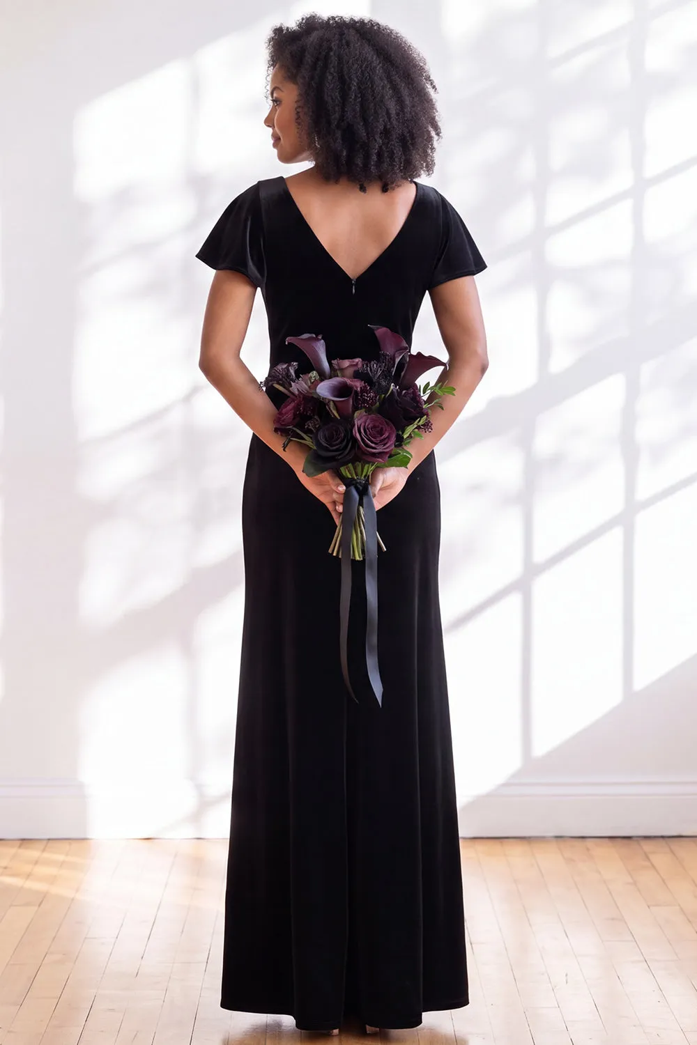 Navy Flutter Sleeves Velvet Sheath Long Bridesmaid Dress sold by Zapaka product image thumbnail 5