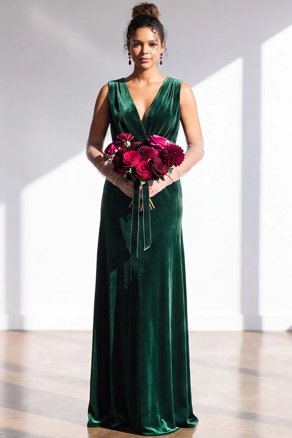 Dark Green Sheath Velvet Ruched V-Neck Long Bridesmaid Dress sold by Zapaka