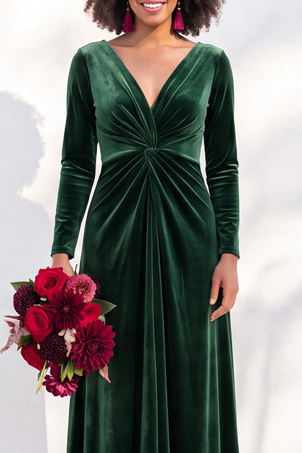 Black Velvet Ruched V-Neck A-Line Long Bridesmaid Dress with Long Sleeves sold by Zapaka product image thumbnail 3