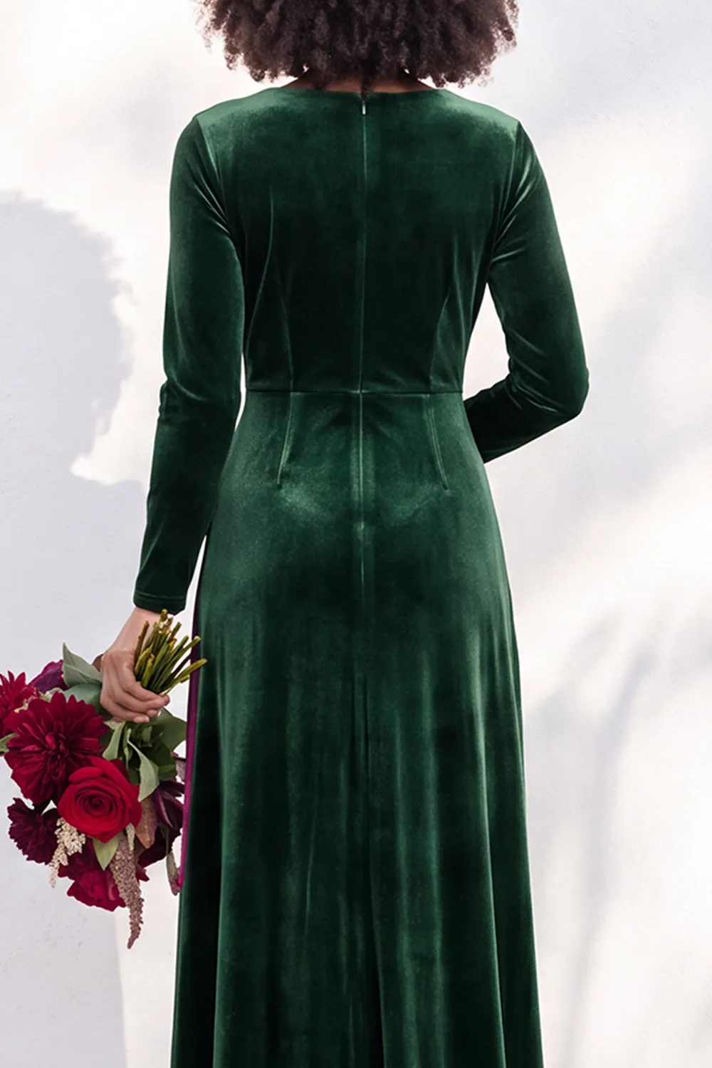 Black Velvet Ruched V-Neck A-Line Long Bridesmaid Dress with Long Sleeves sold by Zapaka product image thumbnail 4