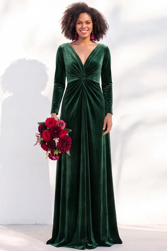 Black Velvet Ruched V-Neck A-Line Long Bridesmaid Dress with Long Sleeves made by Zapaka