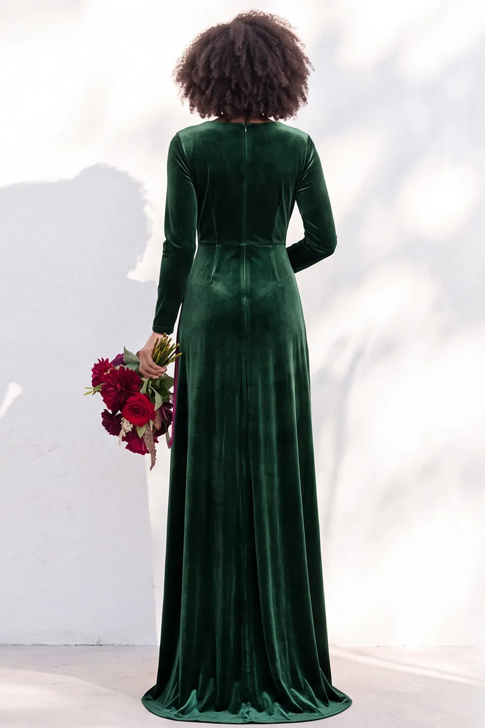 Black Velvet Ruched V-Neck A-Line Long Bridesmaid Dress with Long Sleeves sold by Zapaka product image thumbnail 2