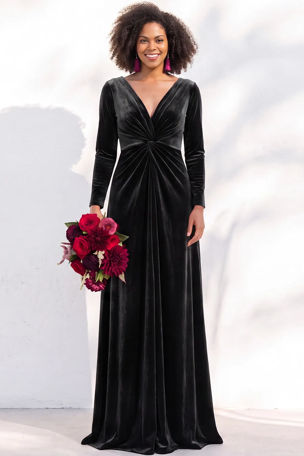 Black Velvet Ruched V-Neck A-Line Long Bridesmaid Dress with Long Sleeves sold by Zapaka product image thumbnail 5