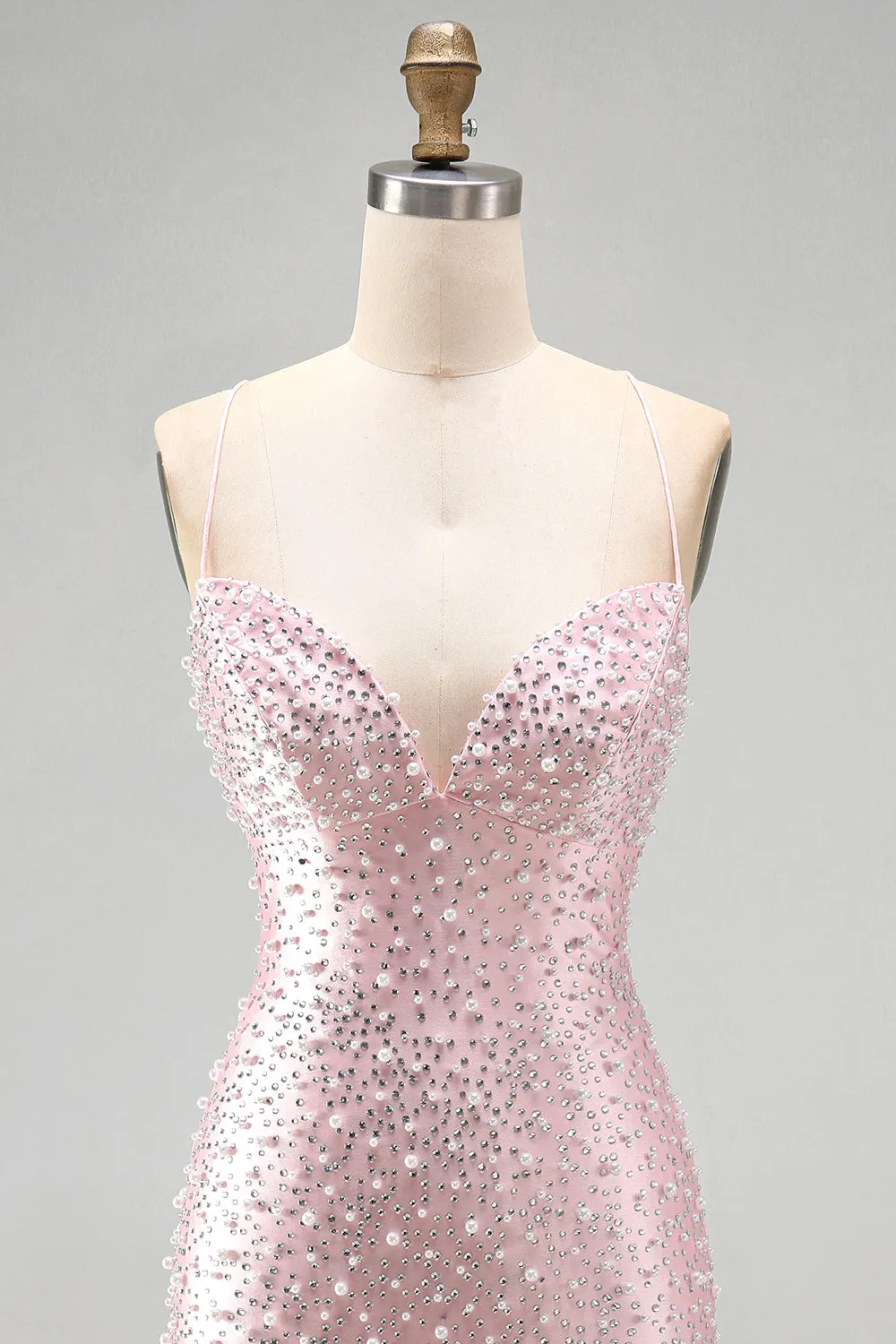 Pink Bodycon Spaghetti Straps Pearls Beaded Short Homecoming Dress sold by Zapaka product image thumbnail 4