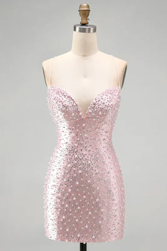 Pink Bodycon Spaghetti Straps Pearls Beaded Short Homecoming Dress made by Zapaka