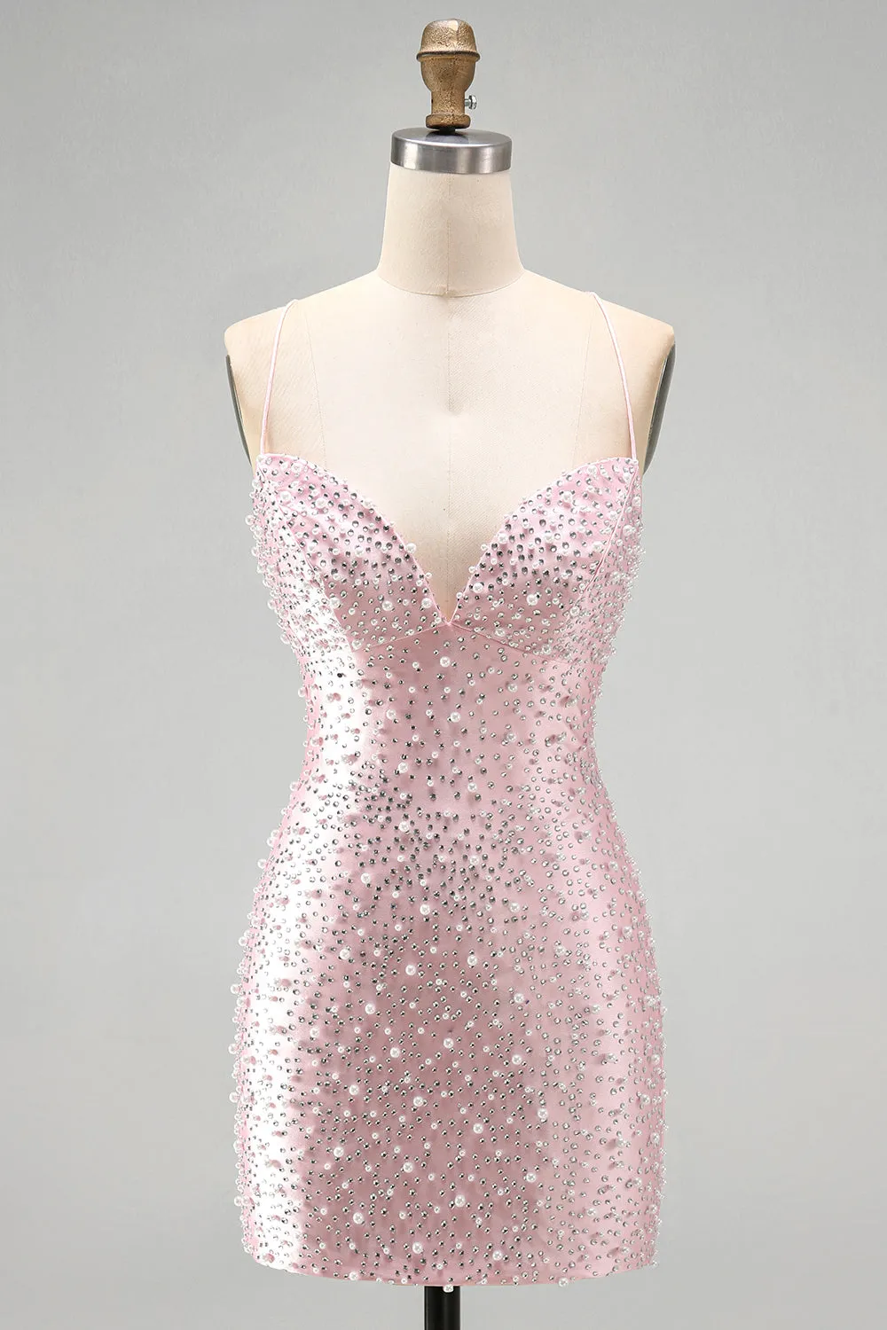 Pink Bodycon Spaghetti Straps Pearls Beaded Short Homecoming Dress sold by Zapaka