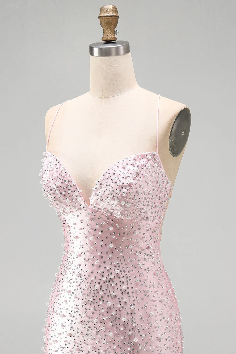 Pink Bodycon Spaghetti Straps Pearls Beaded Short Homecoming Dress sold by Zapaka product image thumbnail 5