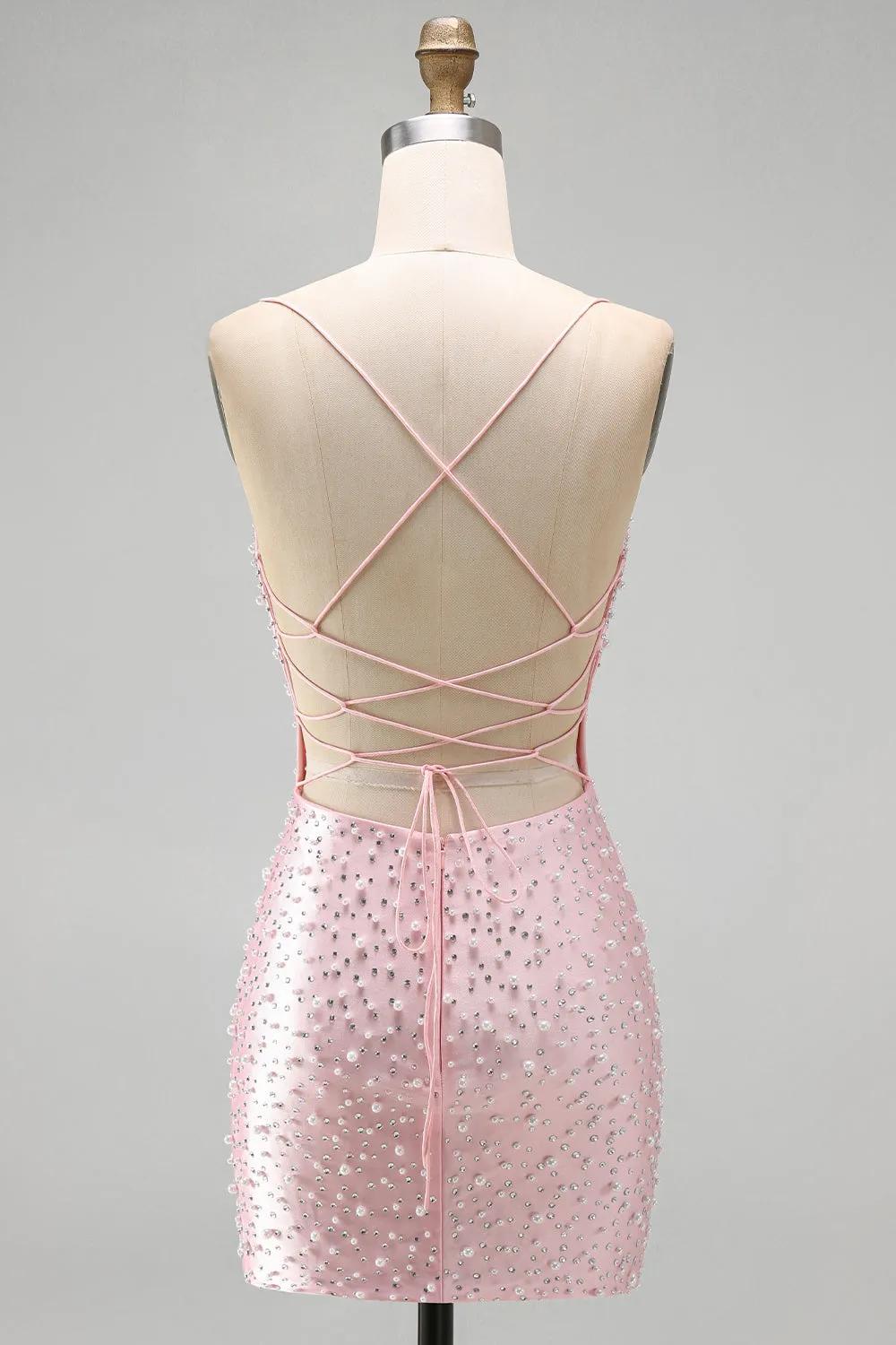 Pink Bodycon Spaghetti Straps Pearls Beaded Short Homecoming Dress sold by Zapaka product image thumbnail 2