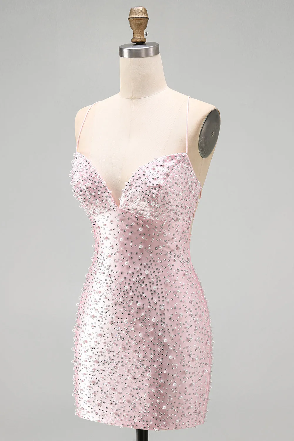 Pink Bodycon Spaghetti Straps Pearls Beaded Short Homecoming Dress sold by Zapaka product image thumbnail 3