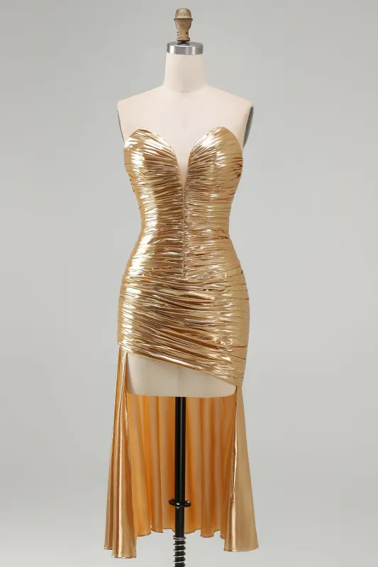 Metallic Bodycon Gold Strapless Ruched Short Cocktail Dress with Ruffles made by Zapaka