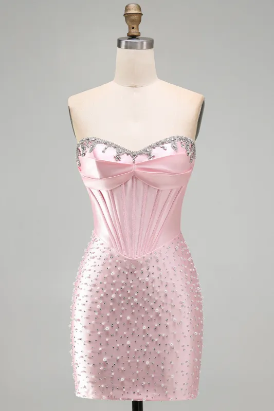 Sparkly Pink Beaded Corset Tight Sweetheart Short Pearl Homecoming Dress with Rhinestone made by Zapaka