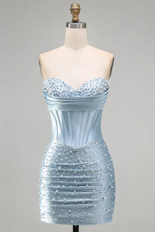 Grey Blue Strapless Bodycon Corset Beaded Pearls Short Homecoming Dress made by Zapaka