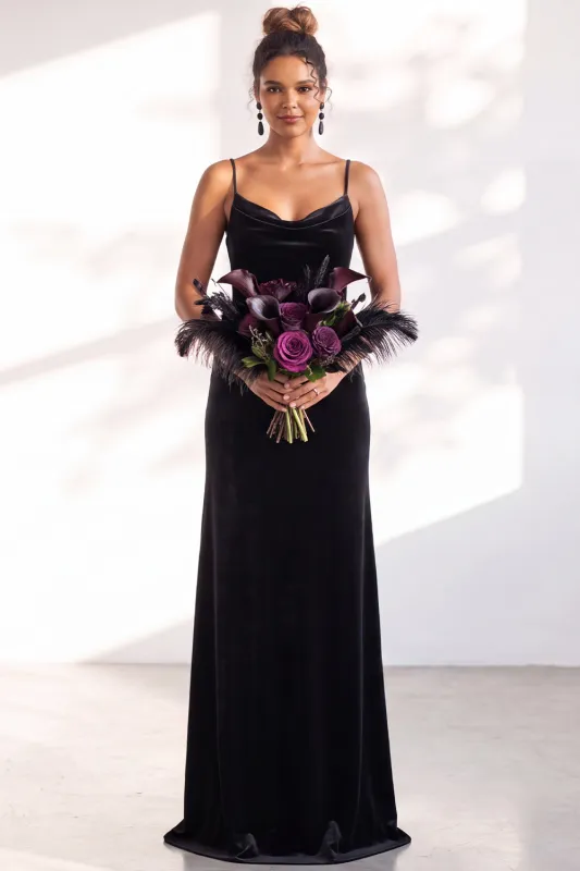 Black Velvet Cowl Neck Sheath Long Bridesmaid Dress made by Zapaka