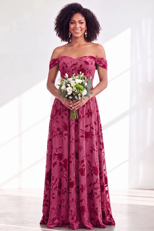 Off The Shoulder Fuchsia Floral Velvet A-Line Long Bridesmaid Dress made by Zapaka