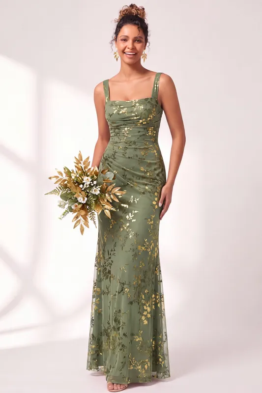 Mermaid Square Neck Velvet Floral Ruched Long Bridesmaid Dress made by Zapaka
