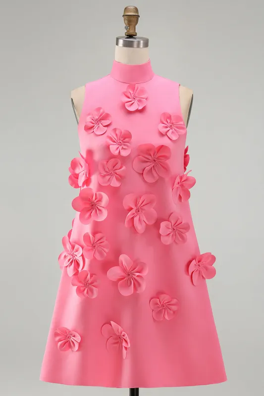 Hot Pink Round Neck Bodycon Short Homecoming Dress with 3D Flowers made by Zapaka