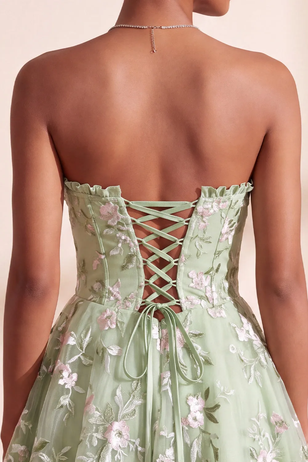 Sage Green A-Line Floral Embroidery Strapless Corset Short Homecoming Dress sold by Zapaka product image thumbnail 4