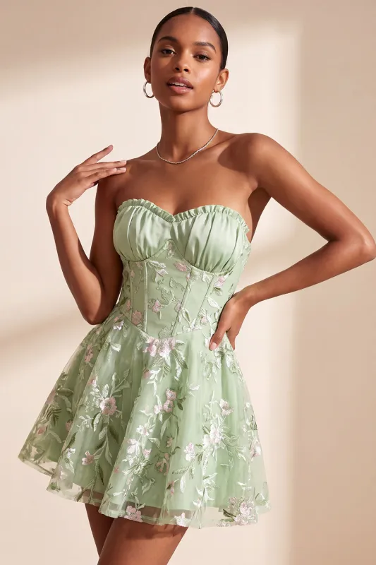 Sage Green A-Line Floral Embroidery Strapless Corset Short Homecoming Dress made by Zapaka