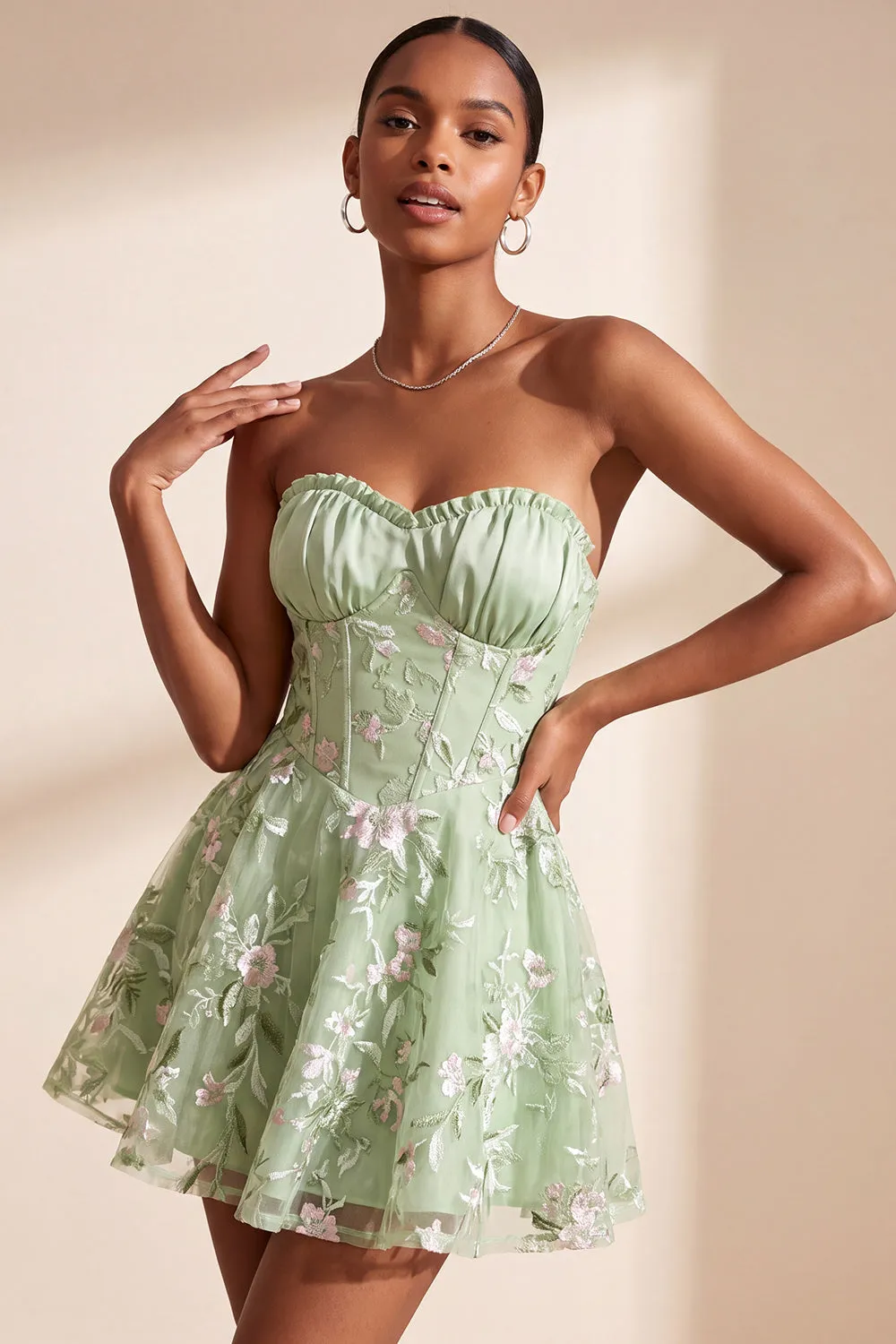 Sage Green A-Line Floral Embroidery Strapless Corset Short Homecoming Dress sold by Zapaka