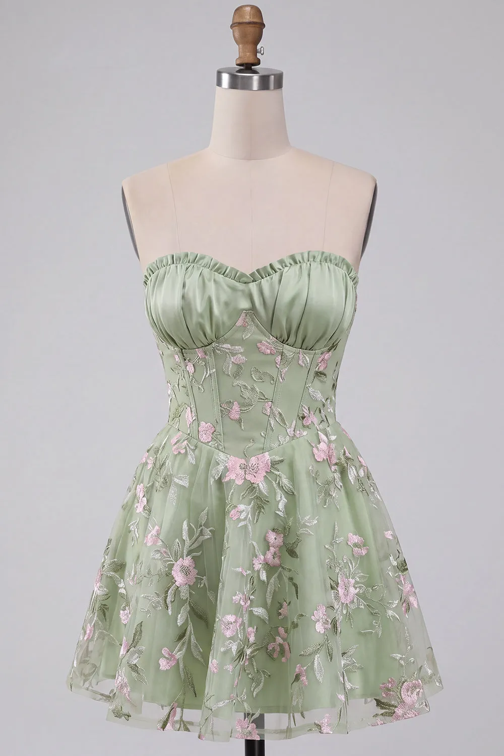 Sage Green A-Line Floral Embroidery Strapless Corset Short Homecoming Dress sold by Zapaka product image thumbnail 5