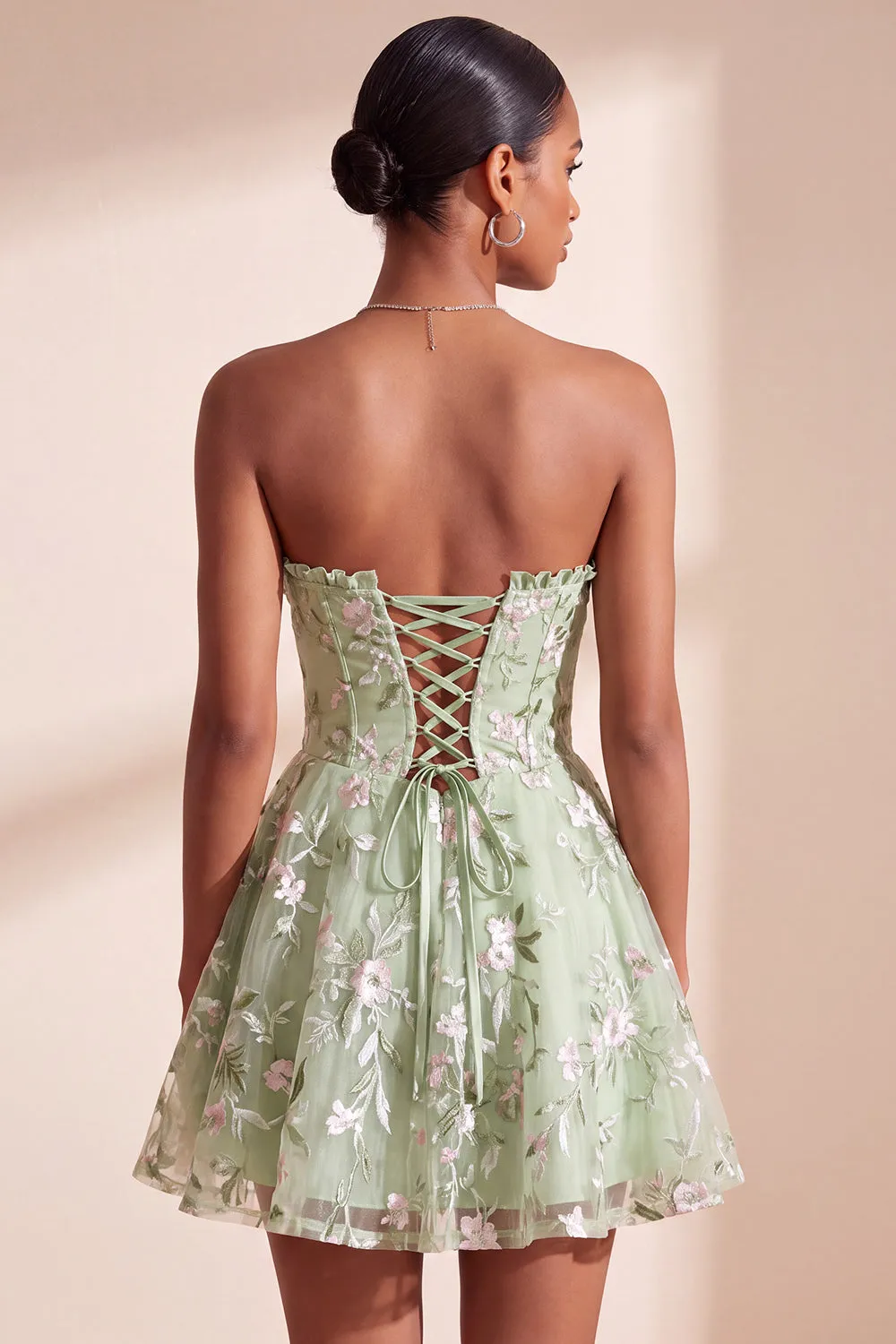 Sage Green A-Line Floral Embroidery Strapless Corset Short Homecoming Dress sold by Zapaka product image thumbnail 2