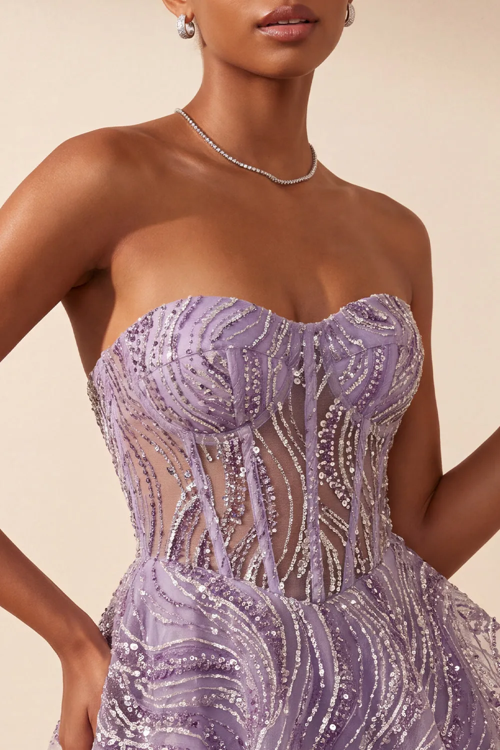 Lilac A Line Sheer Corset Strapless Short Homecoming Dress with Sequins sold by Zapaka product image thumbnail 3