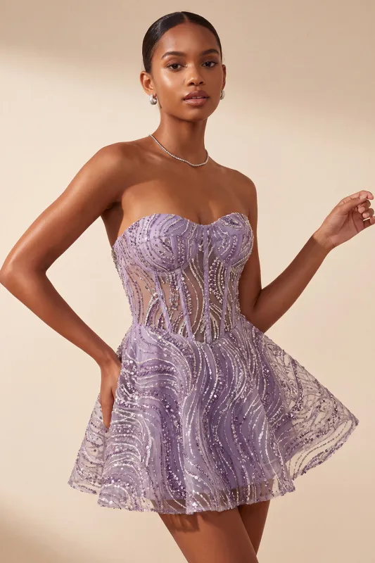 Lilac A Line Sheer Corset Strapless Short Homecoming Dress with Sequins made by Zapaka
