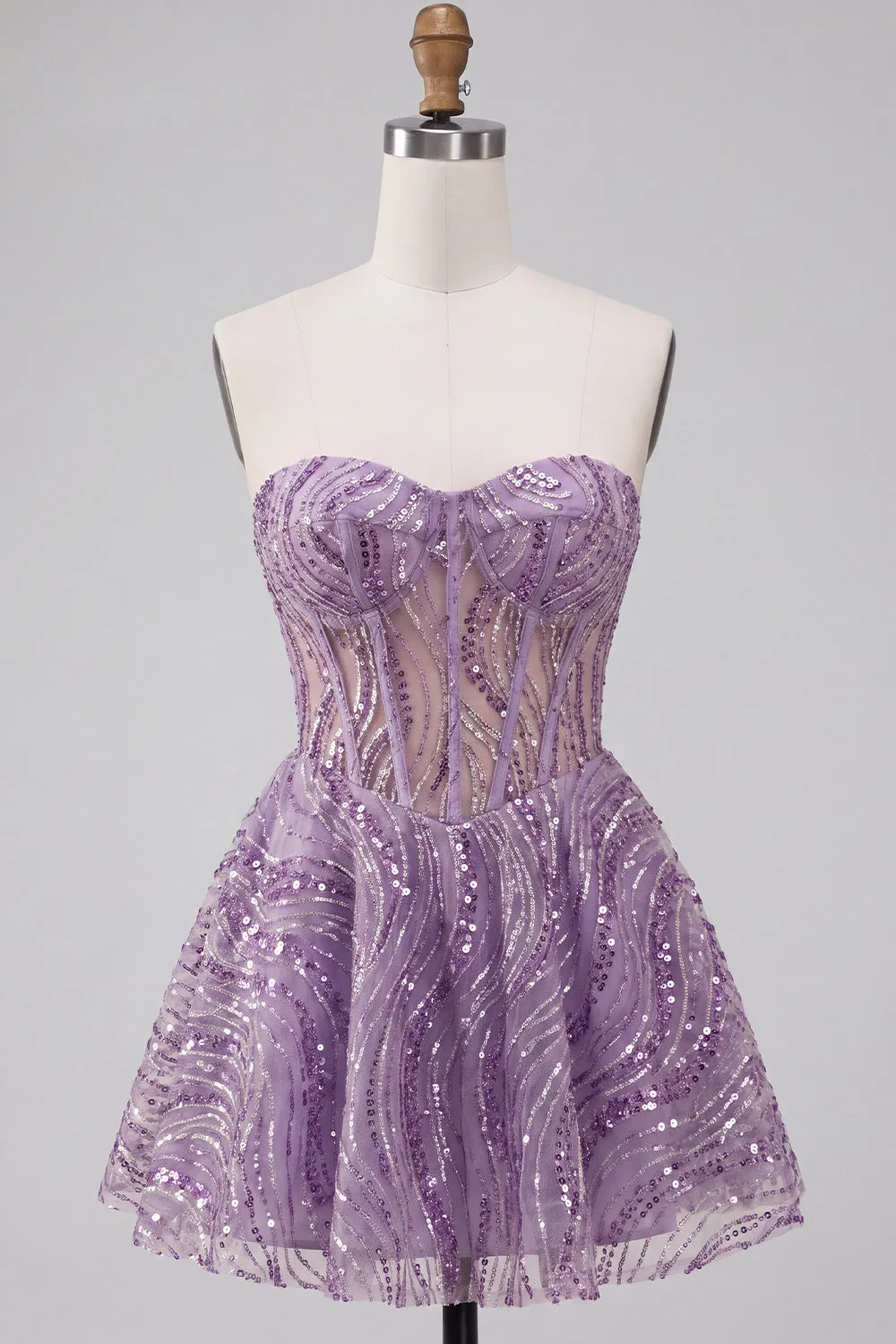 Lilac A Line Sheer Corset Strapless Short Homecoming Dress with Sequins sold by Zapaka product image thumbnail 5