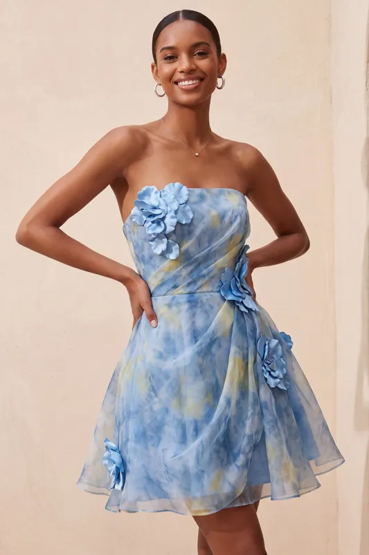 Grey Blue Strapless A-Line Ruched Short Homecoming Dress with 3D Flowers made by Zapaka