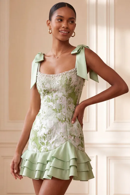 Light Green Pearl Square Neck Ruffled Short Homecoming Dress with Beading made by Zapaka