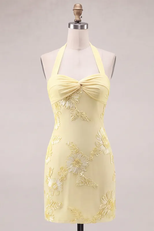 Daffodil Tight Halter Ruched Short Homecoming Dress with Floral Embroidery made by Zapaka