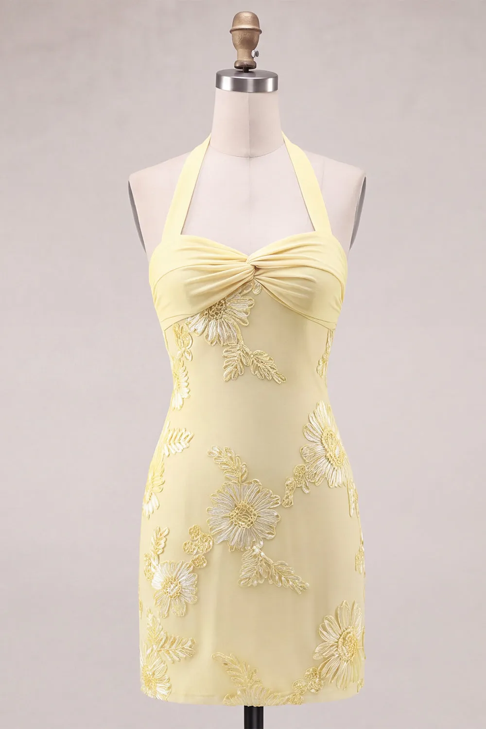 Daffodil Tight Halter Ruched Short Homecoming Dress with Floral Embroidery sold by Zapaka
