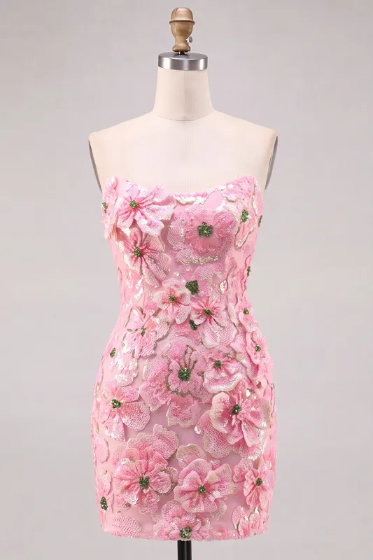 Pink Bodycon Strapless Floral Short Homecoming Dress made by Zapaka