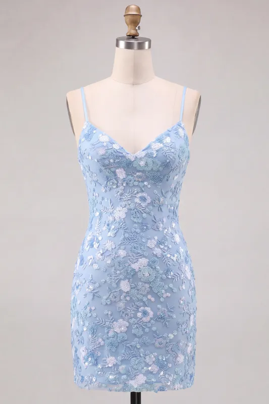 Sparkly Light Blue Bodycon Floral Short Homecoming Dress with Sequins made by Zapaka