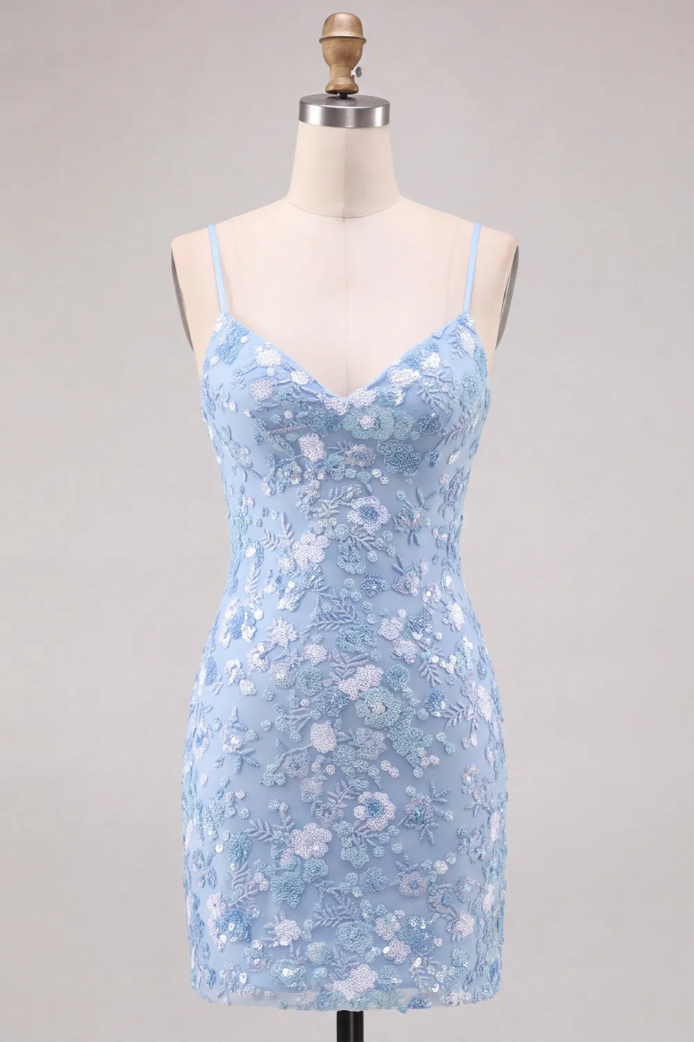 Sparkly Light Blue Bodycon Floral Short Homecoming Dress with Sequins sold by Zapaka
