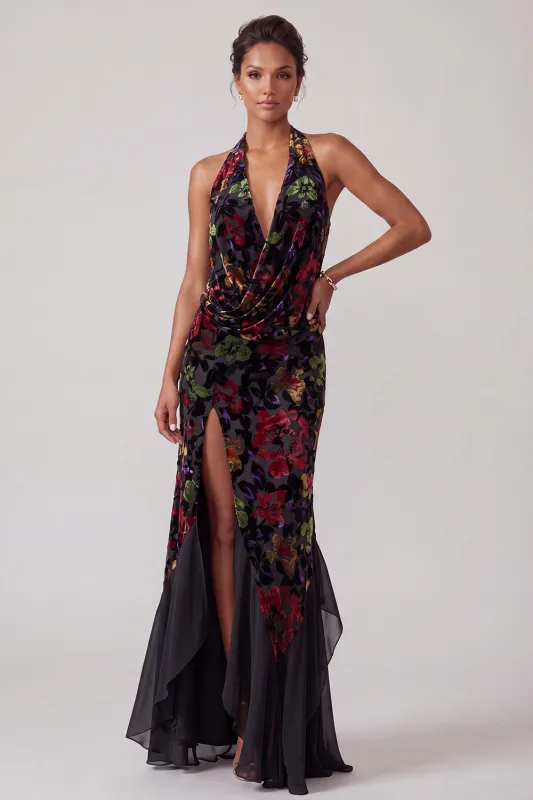 Black Velvet Halter Neck Ruched Sheath Long Mother of the Bride Dress with Ruffle Slit made by Zapaka