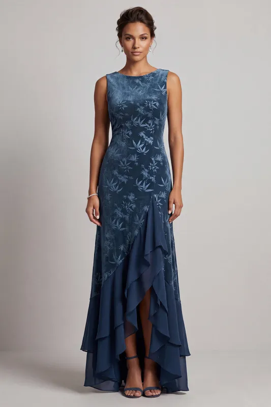 Dark Navy Bateau Neck Velvet Jacquard Asymmetrical Mother of the Bride Dress with Ruffle Slit made by Zapaka
